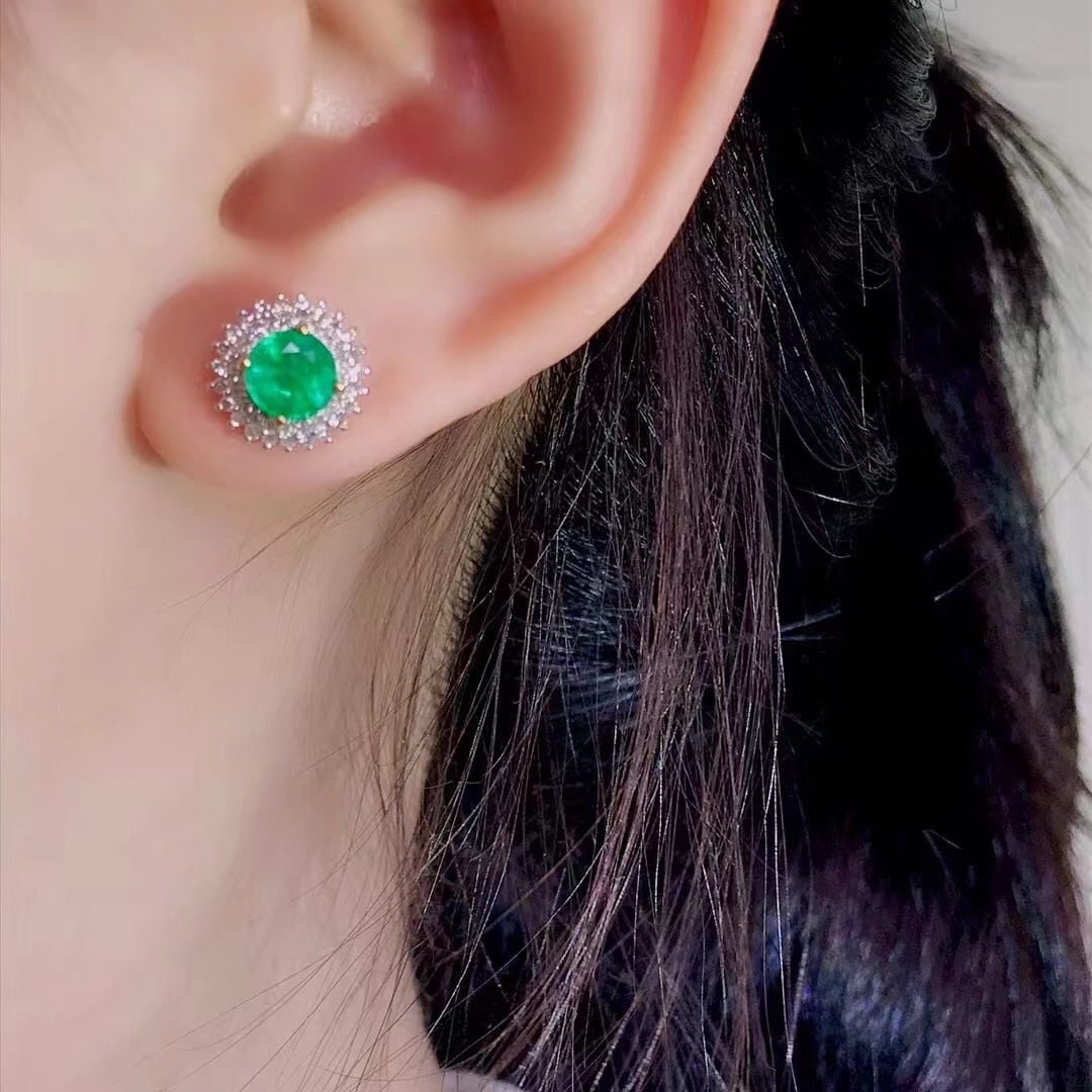 14K GOLD 1.81 CTW VIVID GREEN NATURAL EMERALD and DIAMOND EARRINGS - 2