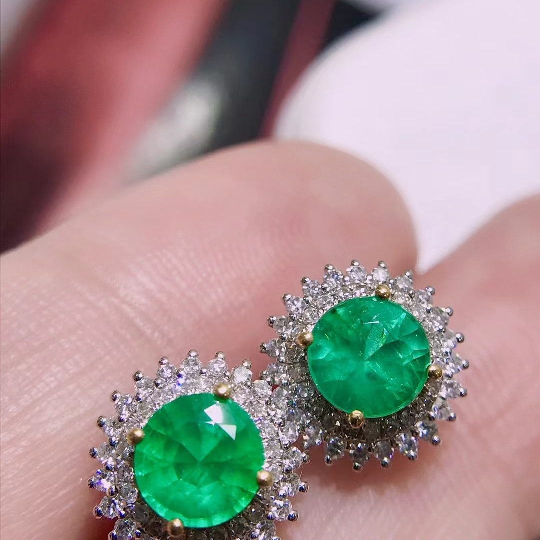 14K GOLD 1.81 CTW VIVID GREEN NATURAL EMERALD and DIAMOND EARRINGS - 4