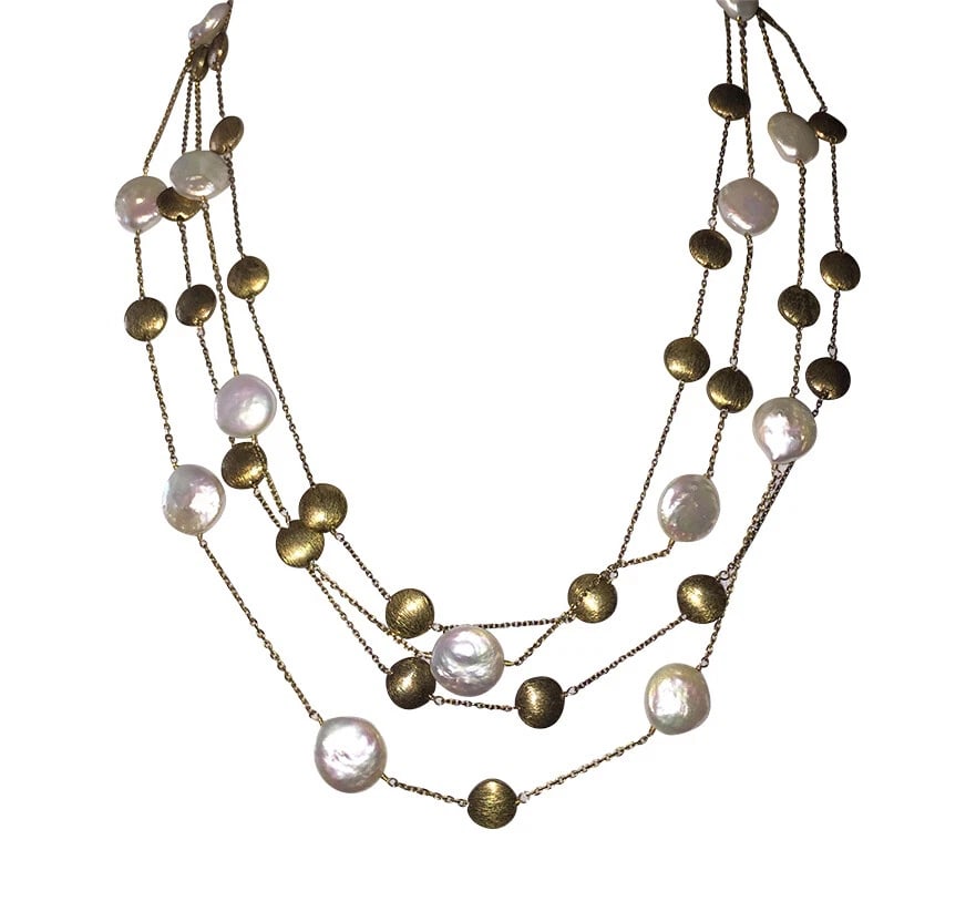 18 kt Gold Vermeil Sterling Cultured Coin Pearl Disc Flapper Necklaces - 2