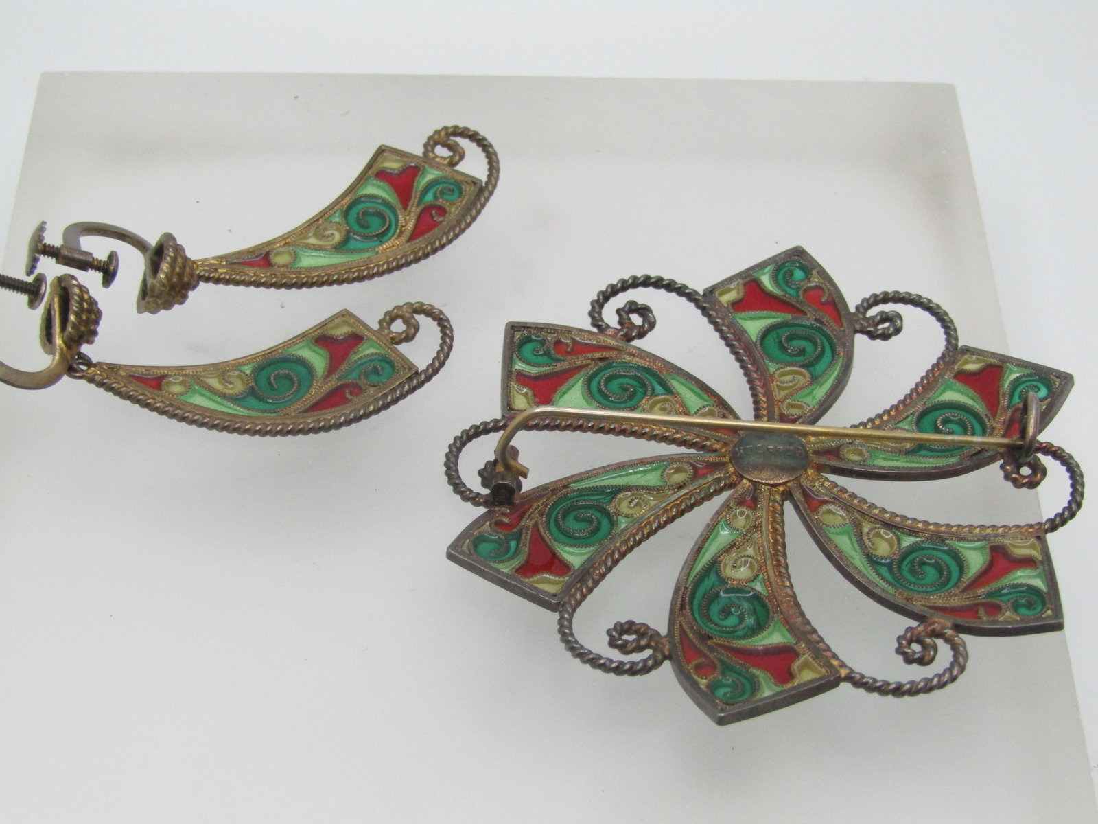 Antique Sterling Transparent Enameled Brooch and Earrings, Signed Johan Kjaerland, 1910 - 4