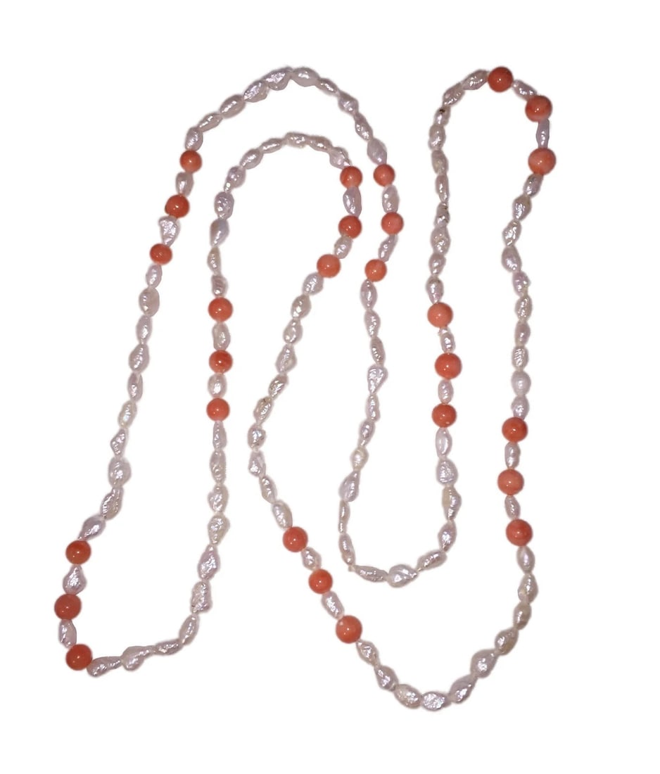 Hawaiian Freshwater Pearl and Pink Coral Bead Necklace - 2