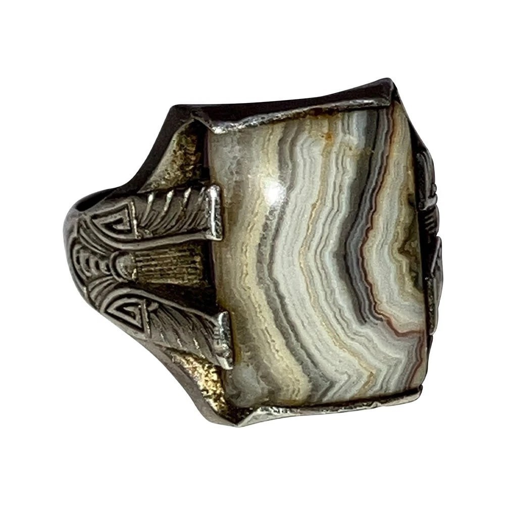 Art Deco Mens Etched Sterling Silver Rectangular Crazy Lace Agate Ring - 2