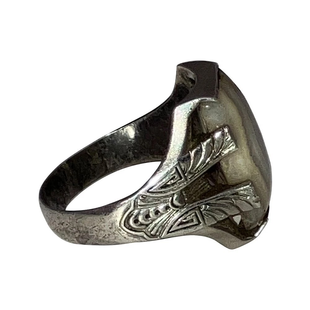 Art Deco Mens Etched Sterling Silver Rectangular Crazy Lace Agate Ring - 3