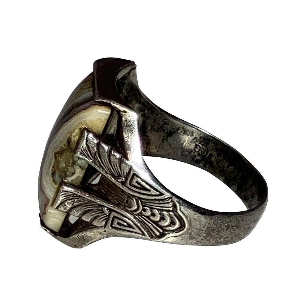 Art Deco Mens Etched Sterling Silver Rectangular Crazy Lace Agate Ring - 4