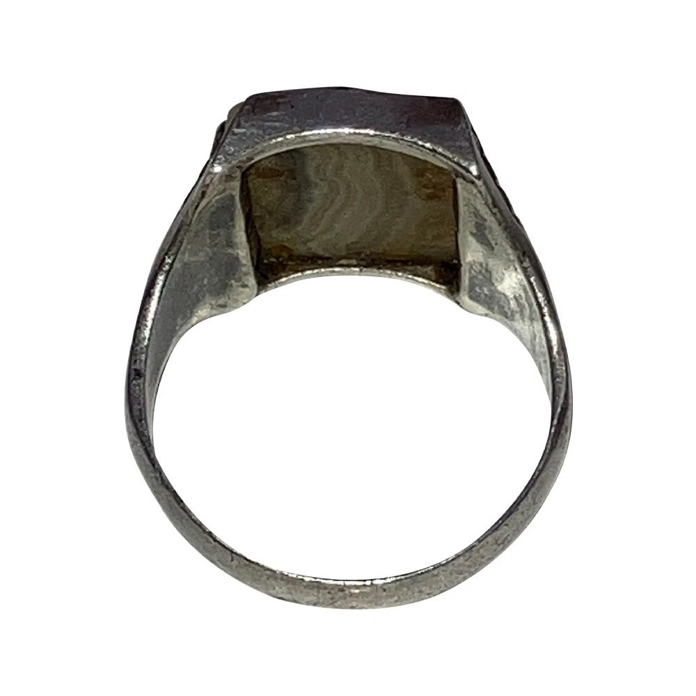 Art Deco Mens Etched Sterling Silver Rectangular Crazy Lace Agate Ring - 5