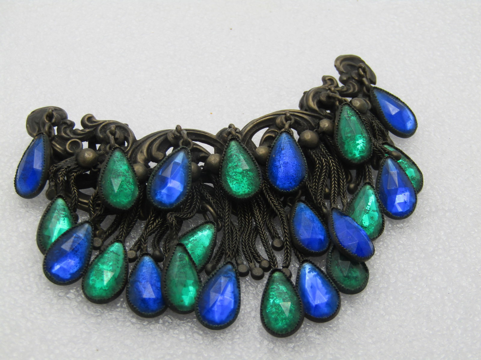 Antique Dress Clip with Dangles, 3.5" Wide, Blue/Green Glass Dangles - 2