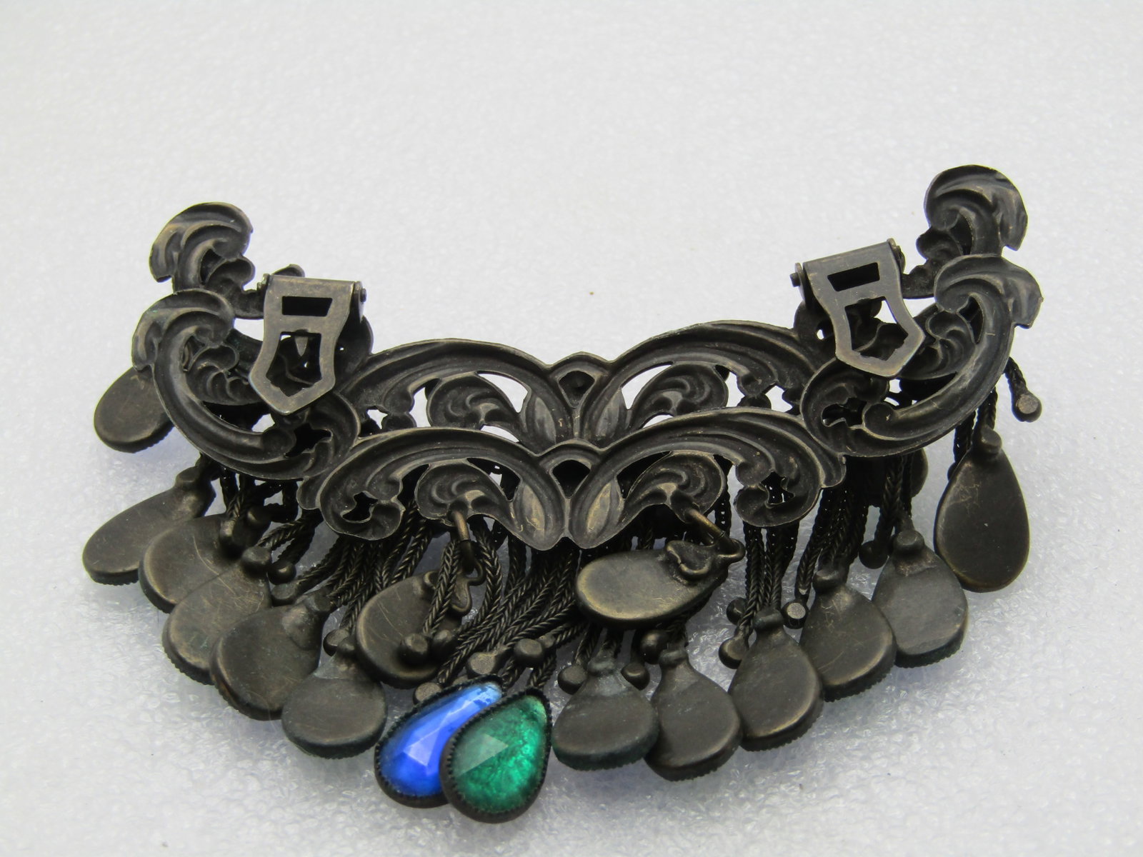 Antique Dress Clip with Dangles, 3.5" Wide, Blue/Green Glass Dangles - 7