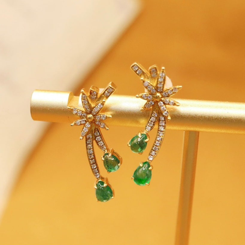 14K GOLD 1.07 CTW VIVID GREEN NATURAL EMERALD and DIAMOND EARRINGS - 2