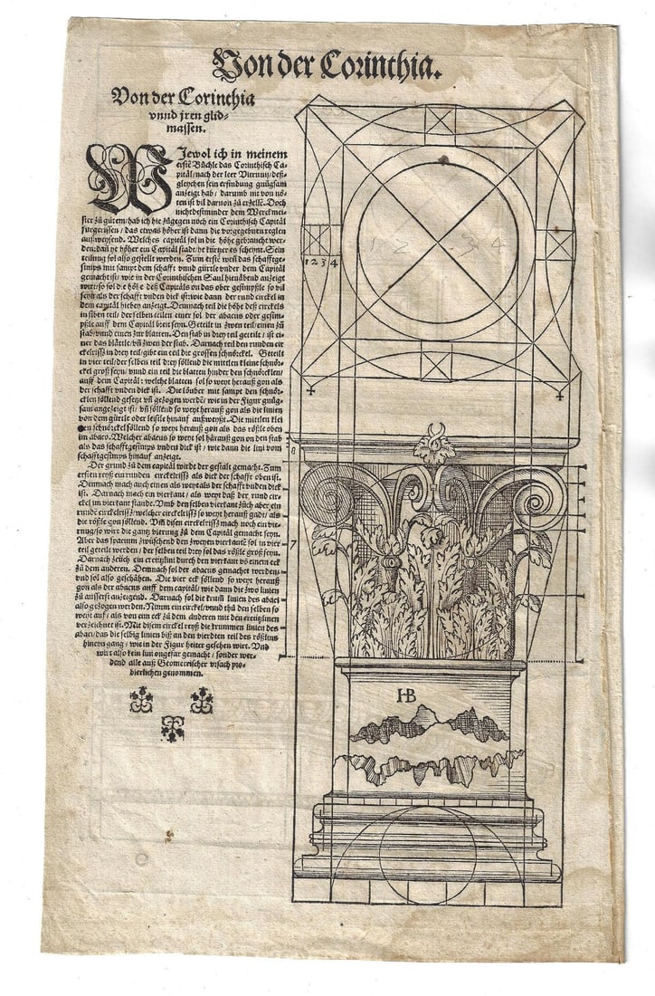 1579 Woodcut Leaf Architecture Hans Blum: Title: 1579 Woodcut Leaf Architecture Hans Blum Description: [Architecture] A leaf from "Ein Kunstrych Buch von Allerlen antiquiteten..", printed at Zurich by Chrystoffel Froschower (Froschauer), circ
