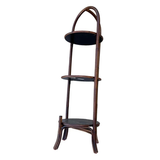 1970s Costal Three Tiered Dark Stained Rattan Shelf w East Asian Motif Tops - 2