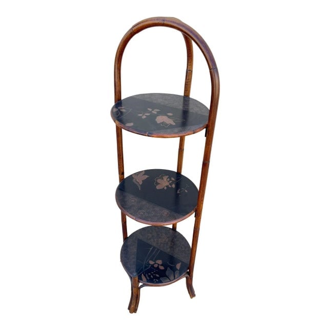 1970s Costal Three Tiered Dark Stained Rattan Shelf w East Asian Motif Tops - 4