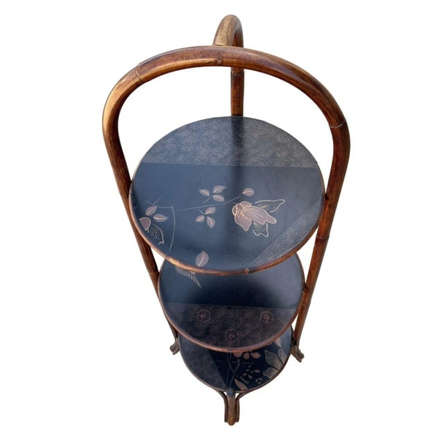 1970s Costal Three Tiered Dark Stained Rattan Shelf w East Asian Motif Tops - 5