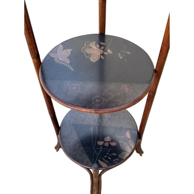 1970s Costal Three Tiered Dark Stained Rattan Shelf w East Asian Motif Tops - 6