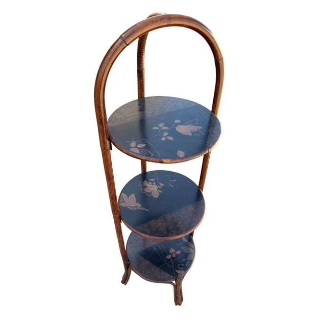 1970s Costal Three Tiered Dark Stained Rattan Shelf w East Asian Motif Tops - 9