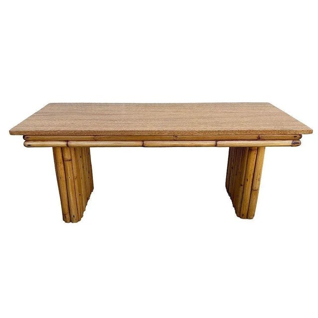 1950s Restored Large Rattan & Mahogany Coffee Table W/ Vertically Stacked Legs - 2