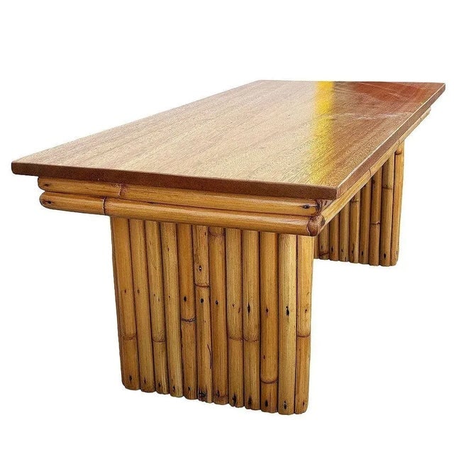 1950s Restored Large Rattan & Mahogany Coffee Table W/ Vertically Stacked Legs - 3