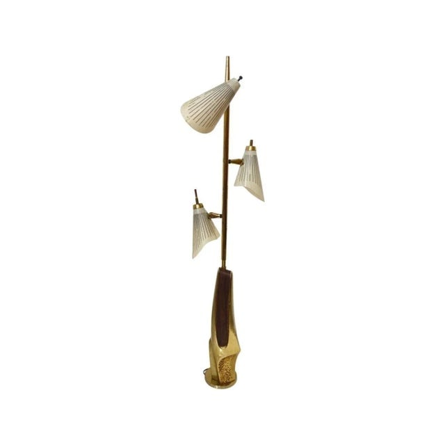 Mid-Century Googie Brass & Art Pottery Floor Lamp With Fiberglass Shades - 3
