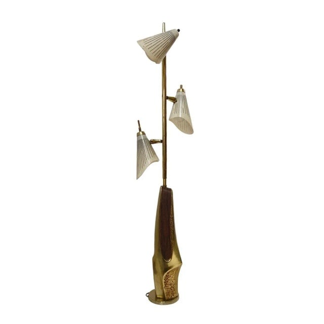 Mid-Century Googie Brass & Art Pottery Floor Lamp With Fiberglass Shades - 7