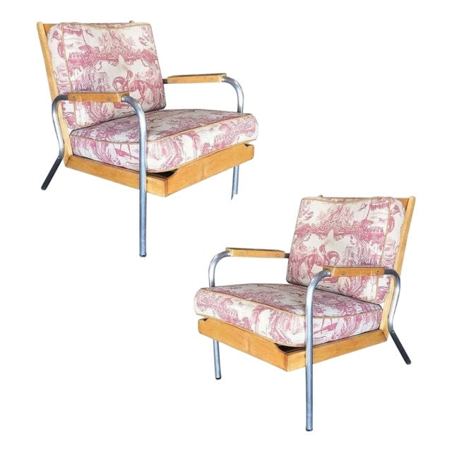 Rare Mid-Century Chrome Tubular Steel & Blonde Oak Lounge Chair by Hill-Rom Pair: Title: Rare Mid-Century Chrome Tubular Steel & Blonde Oak Lounge Chair by Hill-Rom Pair Description: Rare refined mid-century modern lounge chair pair by the Hill-Rom Furniture in Batesville, Indiana,