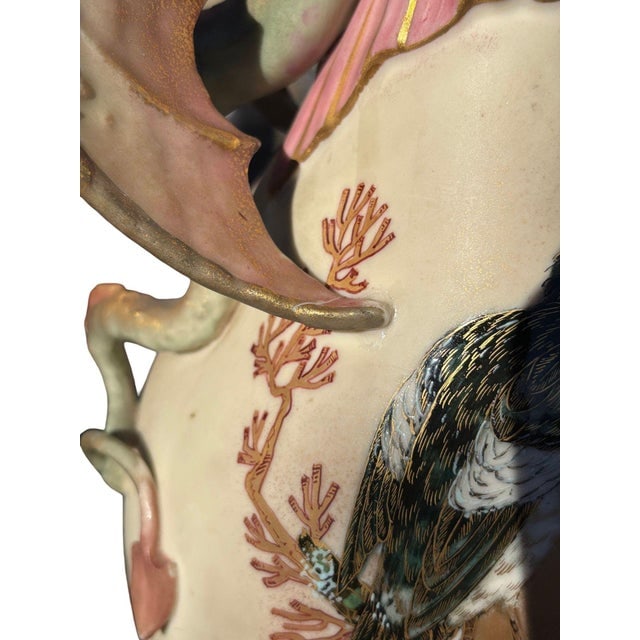 Late 19th Century Victorian Dragon Handle Ceramic Vase W/ Hand Painted Corvus by Alfred Stellmacher - 11
