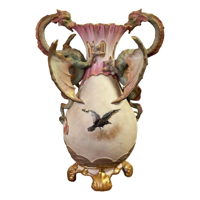 Late 19th Century Victorian Dragon Handle Ceramic Vase W/ Hand Painted Corvus by Alfred Stellmacher - 3