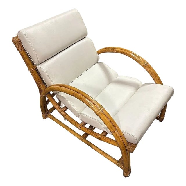Restored MCM Rattan Double-Strand Half Moon Arm Lounge Chair: Title: Restored MCM Rattan Double-Strand Half Moon Arm Lounge Chair Description: Original Paul Frankl inspired rattan lounge chair features a double-strand half-moon arm design with a curved stick rat