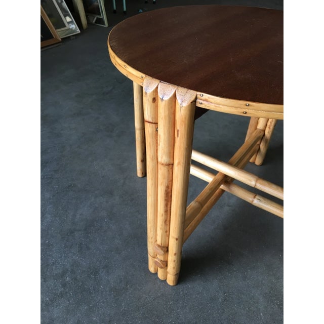 Restored Vintage Rattan Vertically Stacked Circular Drink Side Table With Mahogany Top - 2