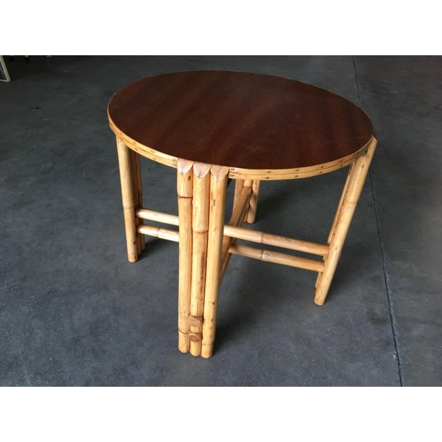 Restored Vintage Rattan Vertically Stacked Circular Drink Side Table With Mahogany Top - 4