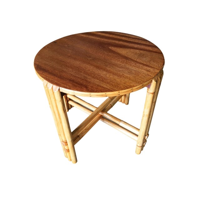 Restored Vintage Rattan Vertically Stacked Circular Drink Side Table With Mahogany Top - 6
