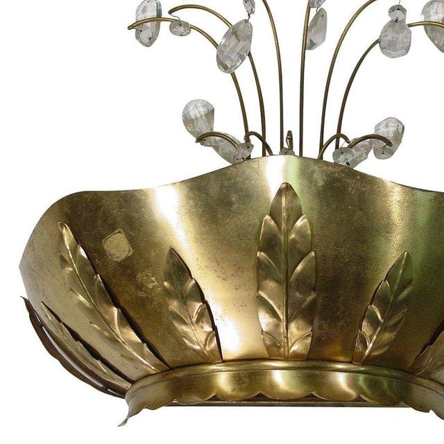 1920s Art Deco Brass Hollywood Regency Palm Leaf Wall Sconce W/ Crystal Arms - 2