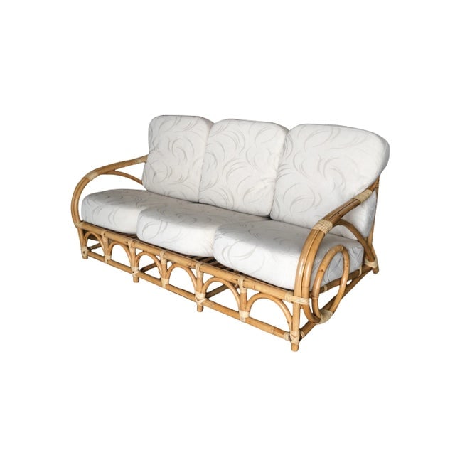Restored Vintage 1950s Two-Strand "Circles and Speed" Three Seat Rattan Sofa - 2