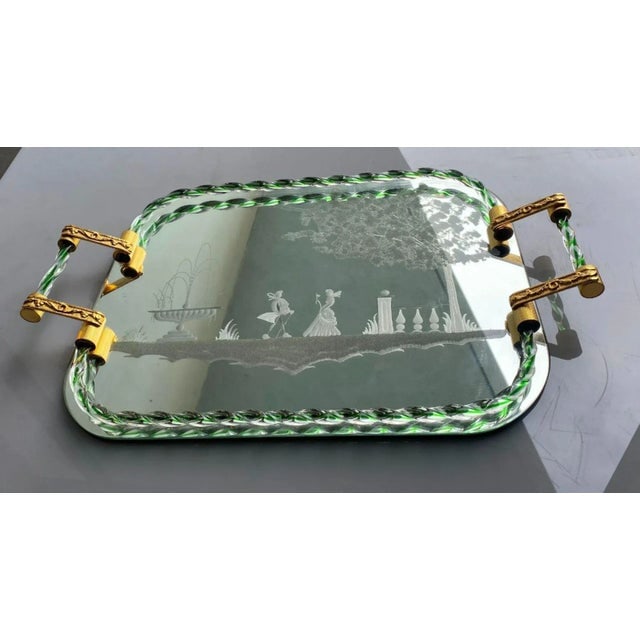 1940s Itailan Murano Barovier Style Vanity Tray With Etched Mirror and Twisted Glass Rope - 2