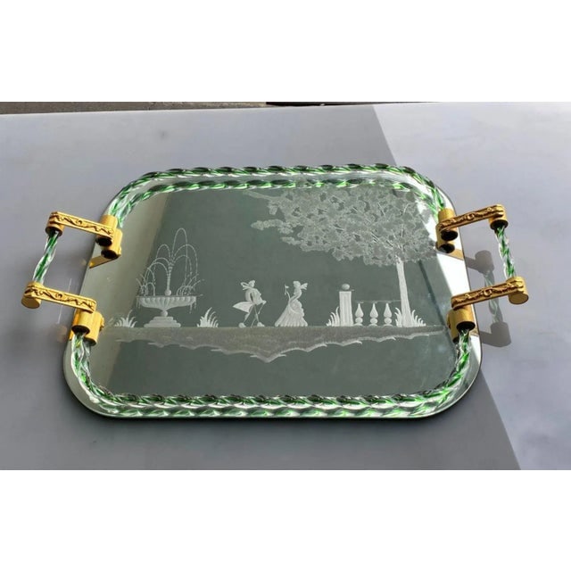 1940s Itailan Murano Barovier Style Vanity Tray With Etched Mirror and Twisted Glass Rope - 5