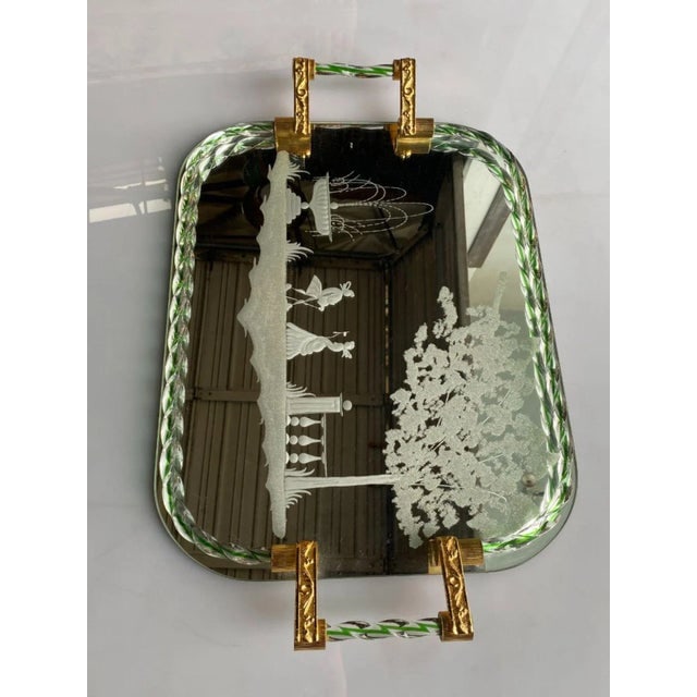 1940s Itailan Murano Barovier Style Vanity Tray With Etched Mirror and Twisted Glass Rope - 6