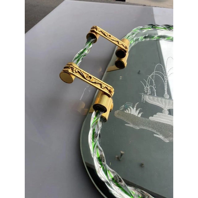 1940s Itailan Murano Barovier Style Vanity Tray With Etched Mirror and Twisted Glass Rope - 7