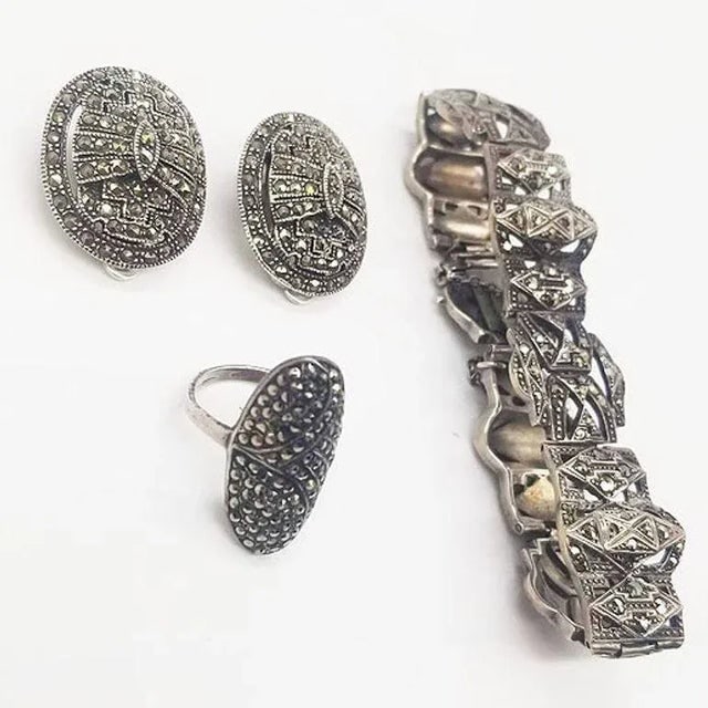 Sterling Silver French Paste Marcasite Jewelry Set, Brooch, Bracelet, Earrings- 5 Pieces - 3