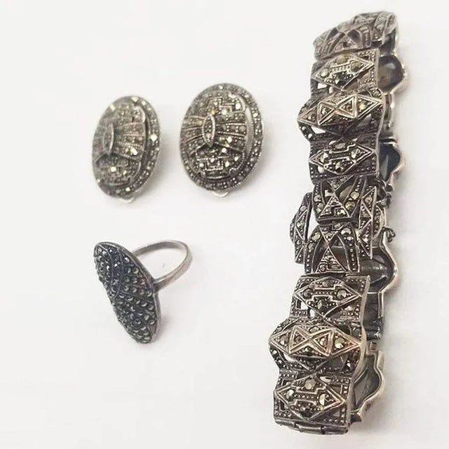 Sterling Silver French Paste Marcasite Jewelry Set, Brooch, Bracelet, Earrings- 5 Pieces - 4