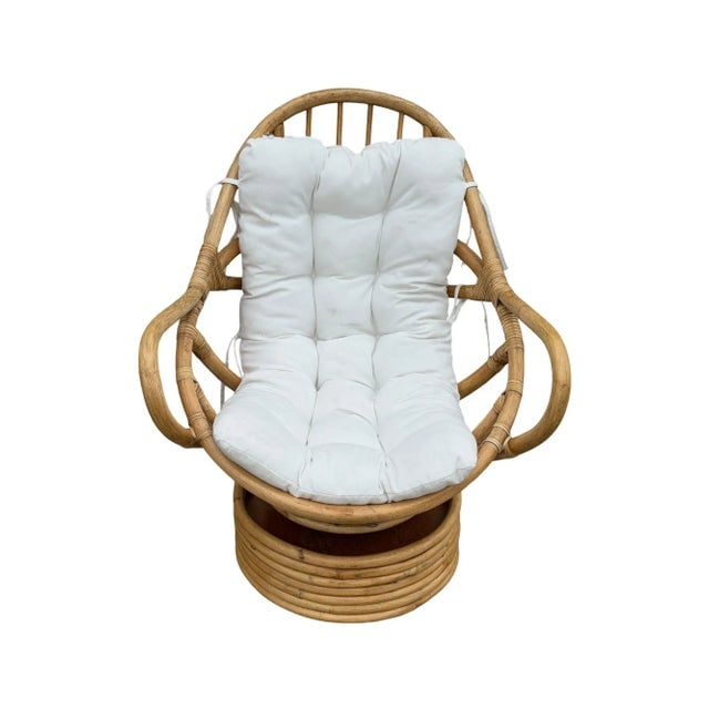 1970s Restored Swivel Bucket Lounge Chair on Stacked Rattan Pedestal Base - 2