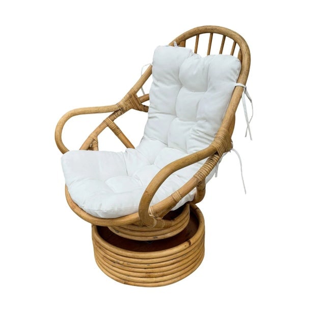 1970s Restored Swivel Bucket Lounge Chair on Stacked Rattan Pedestal Base - 3