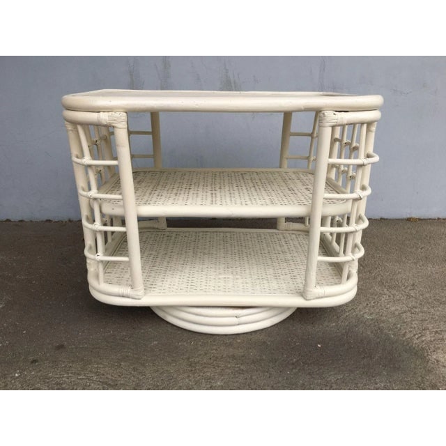 1970s Restored White Cage Rattan Side Table Swivel Bookshelf - 2