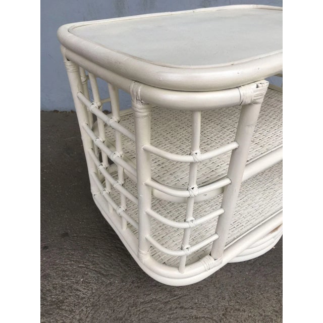 1970s Restored White Cage Rattan Side Table Swivel Bookshelf - 3