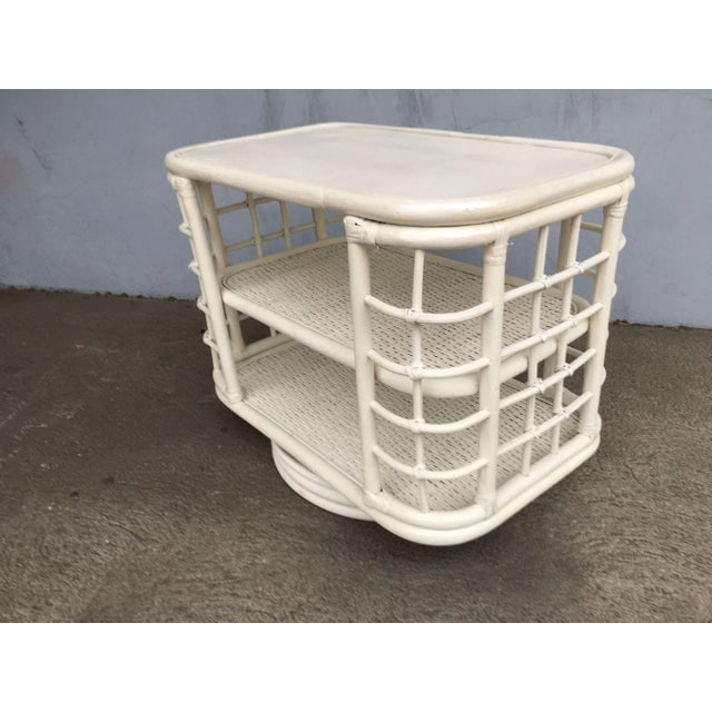 1970s Restored White Cage Rattan Side Table Swivel Bookshelf - 4