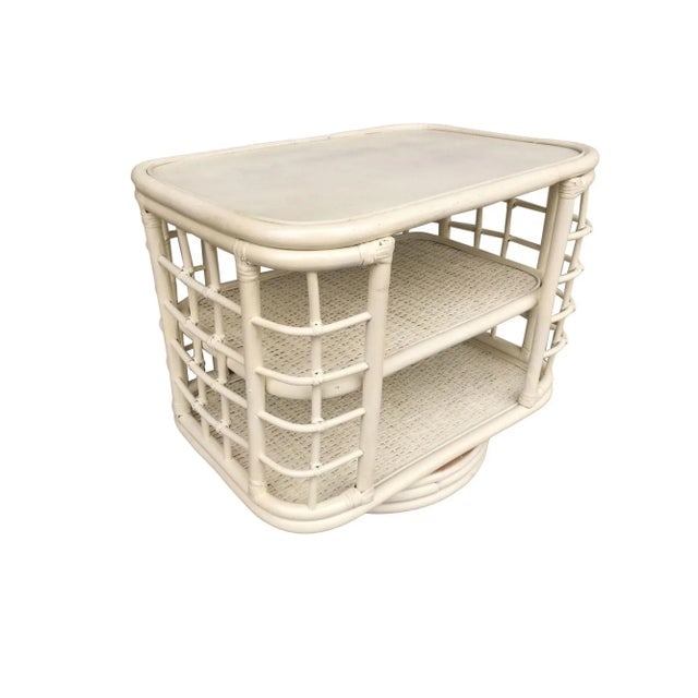 1970s Restored White Cage Rattan Side Table Swivel Bookshelf - 8