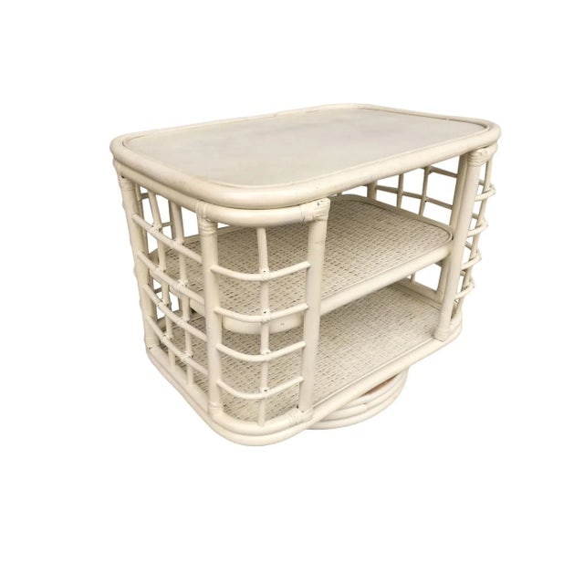 1970s Restored White Cage Rattan Side Table Swivel Bookshelf - 9