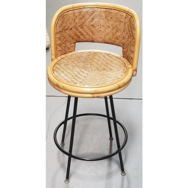 Mid 20th Century Restored Rattan & Wicker Swivel Bar Stool with Iron Base, Seng of Chicago - 2