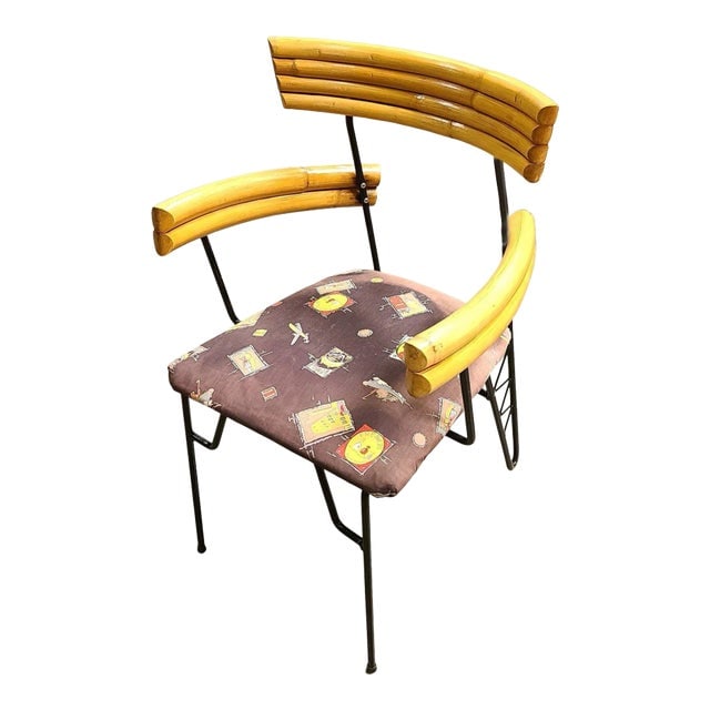 Restored Mid Century Wrought Iron Wire Hairpin Leg Armchair W/ Pole Rattan Arms (1 of 6)