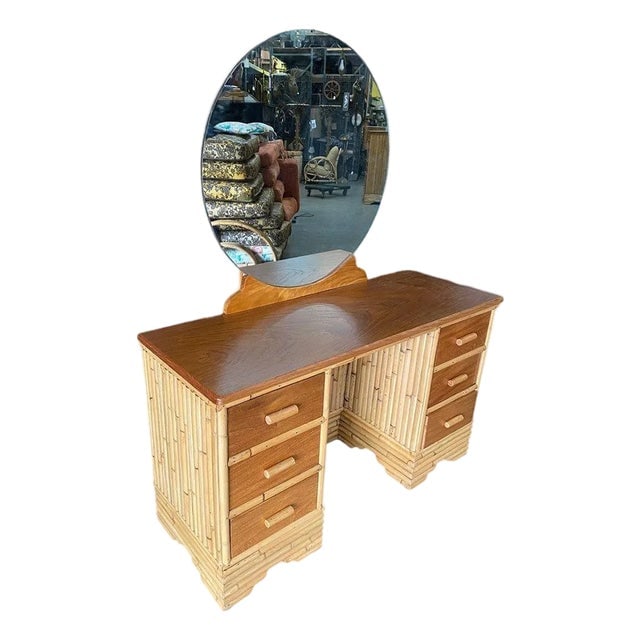 1940s Restored Early Mid-Century Stacked Rattan & Mahogany Vanity W/ Round Mirror (1 of 7)