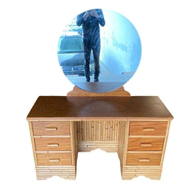 1940s Restored Early Mid-Century Stacked Rattan & Mahogany Vanity W/ Round Mirror - 2