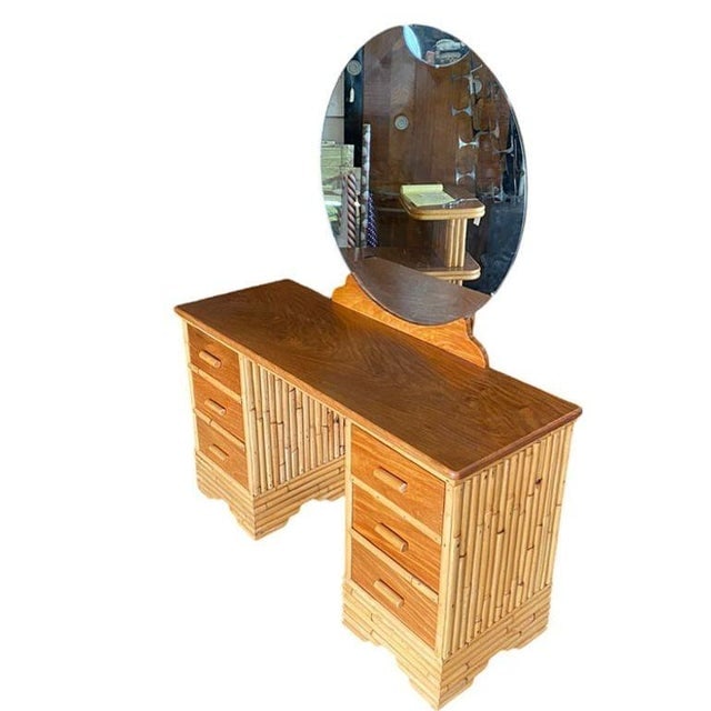 1940s Restored Early Mid-Century Stacked Rattan & Mahogany Vanity W/ Round Mirror - 3