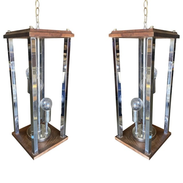 1970s Post Modern Teak and Chrome Pendant Light Fixtures - a Pair - 13